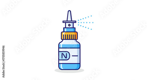 Blue nasal spray bottle icon with a yellow cap spraying a fine mist for allergy relief.
