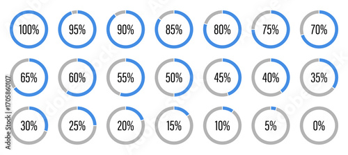 Template of blue and gray color fill pie charts indicator. Round graph loading progress set. Blue progress bars. Circle diagrams icons for infographics from 100 to 0 percent. Round percentage infograp