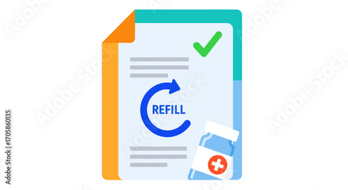 Approved prescription refill document icon with a checkmark and medicine bottle illustration.