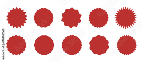 Star burst shape red tags for price and shop. Red circle sticker set. Wavy edge promo red badges. Flat vintage labels. Blank sale stickers collection, simple silhouette. Graphic vector illustration.