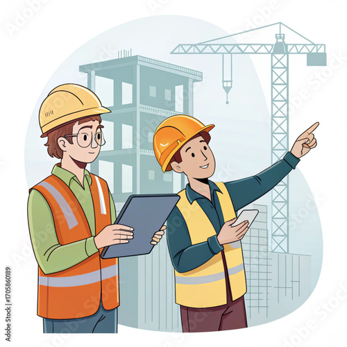 Construction workers discussing plans at a building site with a crane