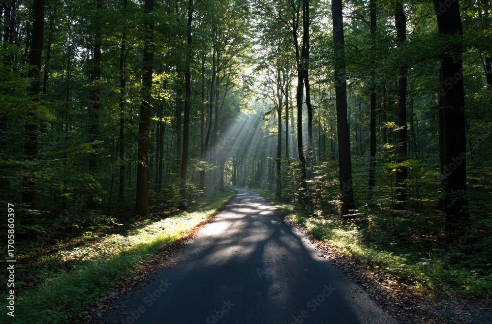Fototapeta premium Sunbeams stream through a dense forest canopy, illuminating a dark road winding into the distance, creating a serene, nature-filled vista
