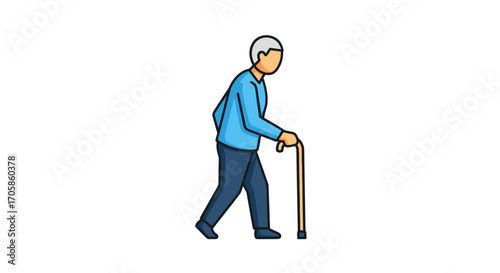 Elderly Man Walking with Cane Depicting Senior Health and Mobility.