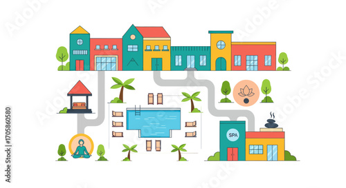 Colorful cartoon illustration of a small town with various buildings and amenities.
