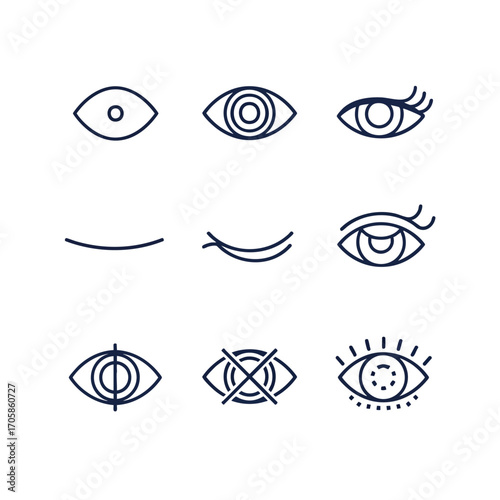 A set of minimalist black line art icons depicting various states of the human eye including open closed and vision symbols.