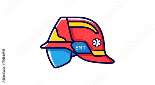 Cartoon Illustration of a Red EMT Firefighter Helmet with Visor.