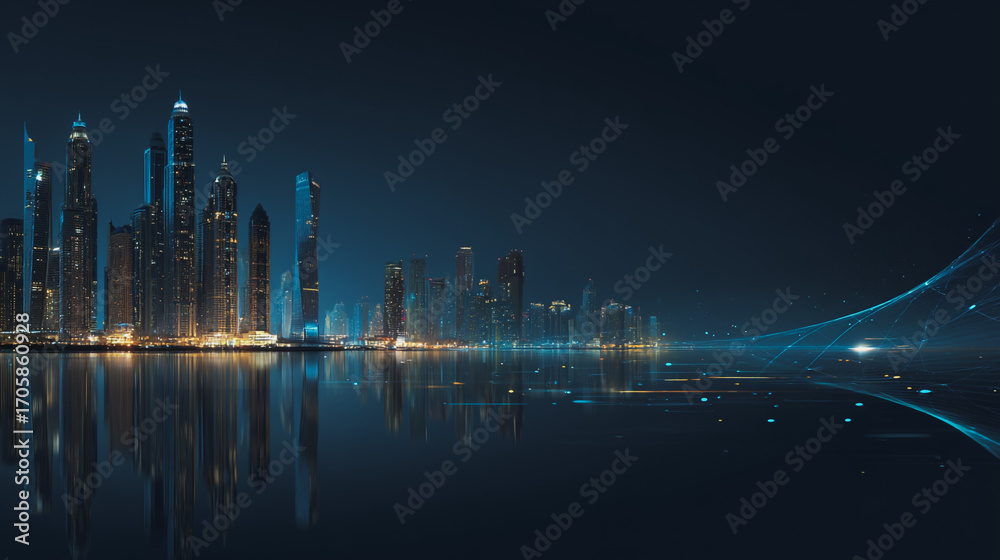 Obraz premium sTwilight in the Smart digital Innovation city with connection network reciprocity over the cityscape. of future smart wireless digital city and social media networking systems that connects people