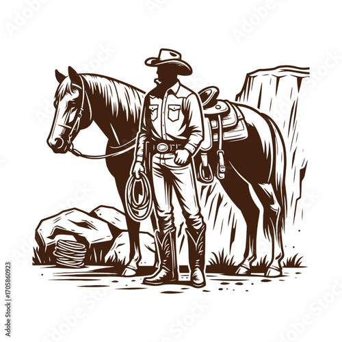 Classic Cowboy & Saddled Horse: Vintage Western Engraving Art