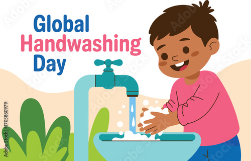 Joyful child washing hands with soap and water, promoting hygiene and health awareness.
