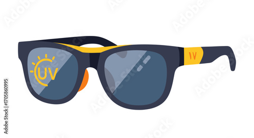 Stylish Dark Sunglasses with UV Protection Symbol and Yellow Accents.