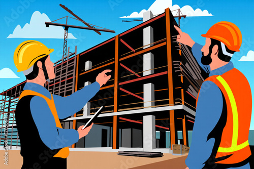 Construction workers inspecting a building under development with a crane in the background
