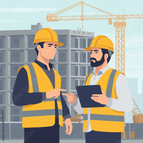 Construction workers discussing plans on a building site with a crane