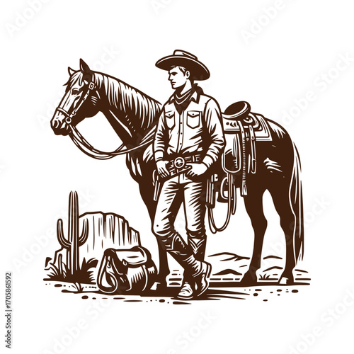 Classic Cowboy & Saddled Horse: Vintage Western Engraving Art