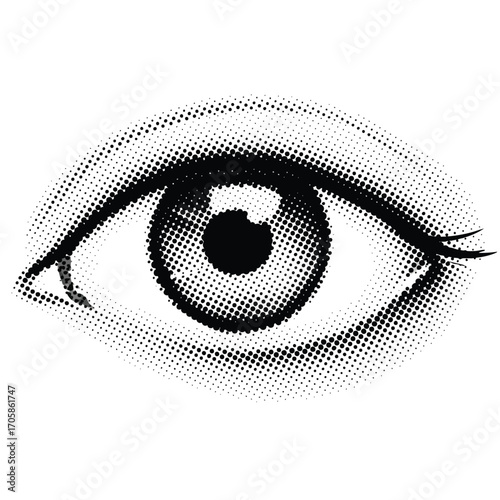 A stylized black and white human eye illustration with a retro halftone dot pattern effect.
