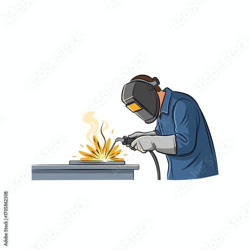 A worker with a helmet and protective gloves welding metal