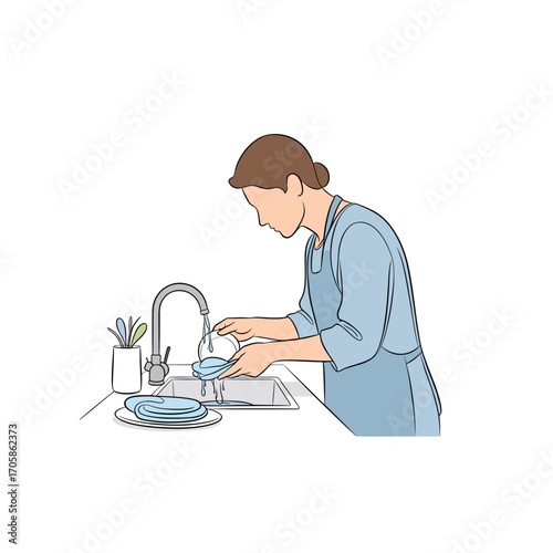 A woman in an apron washing dishes at a kitchen sink