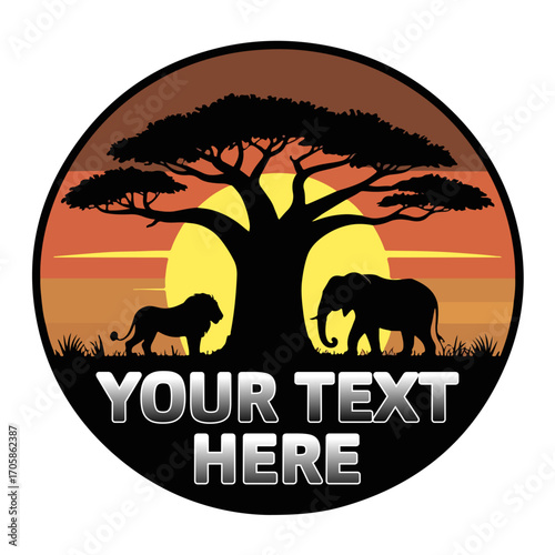 African Safari Wildlife Logo Vector with Lion Elephant and Baobab Tree Silhouette at Sunset Retro Adventure Badge Design