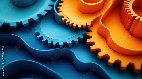 Close up of vibrant blue and orange paper gears layered dynamically on wavy background representing mechanical engineering teamwork innovation and abstract industrial design concepts