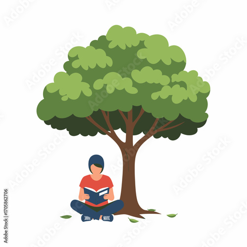 A person is sitting under a tree, reading a book, enjoying leisure time outdoors.