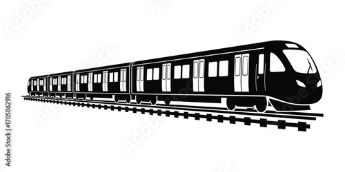 Black and White Train on Tracks Vector Illustration. Commuter Rail Transport Design