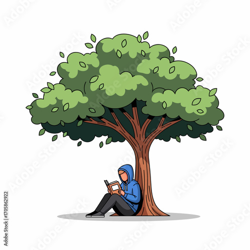 A person in a blue hoodie sits under a tree, reading a book, enjoying leisure time.