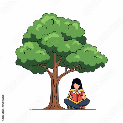 A person sitting under a tree, reading a book, enjoying leisure time outdoors.