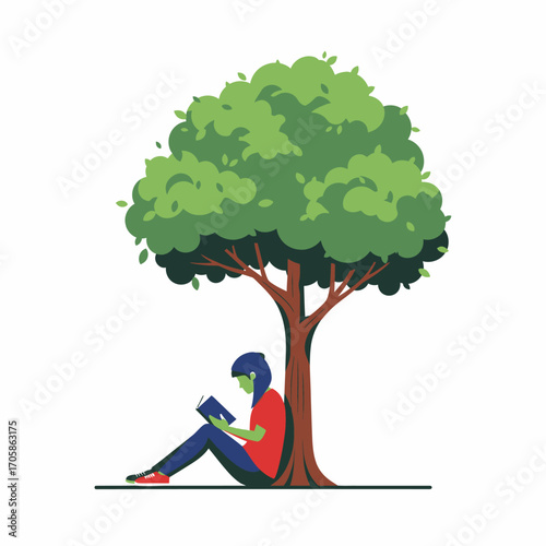 A person is sitting under a tree, reading a book, enjoying the shade and tranquility.