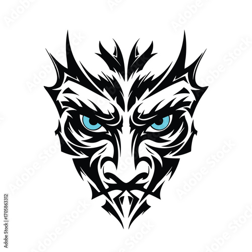 Aggressive mythical beast face in a black tribal tattoo style with luminous blue eyes.
