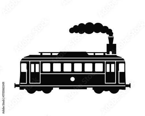 Black Silhouette of Antique Tram with Smoke Vector Illustration