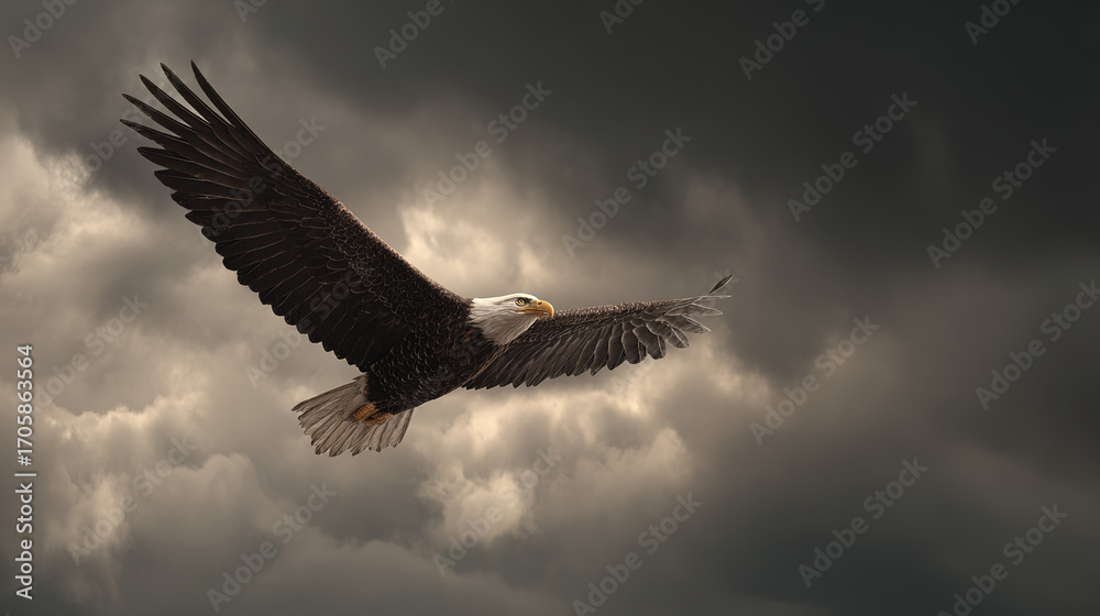 Obraz premium Bald Eagle Flying Under Dark Clouds
