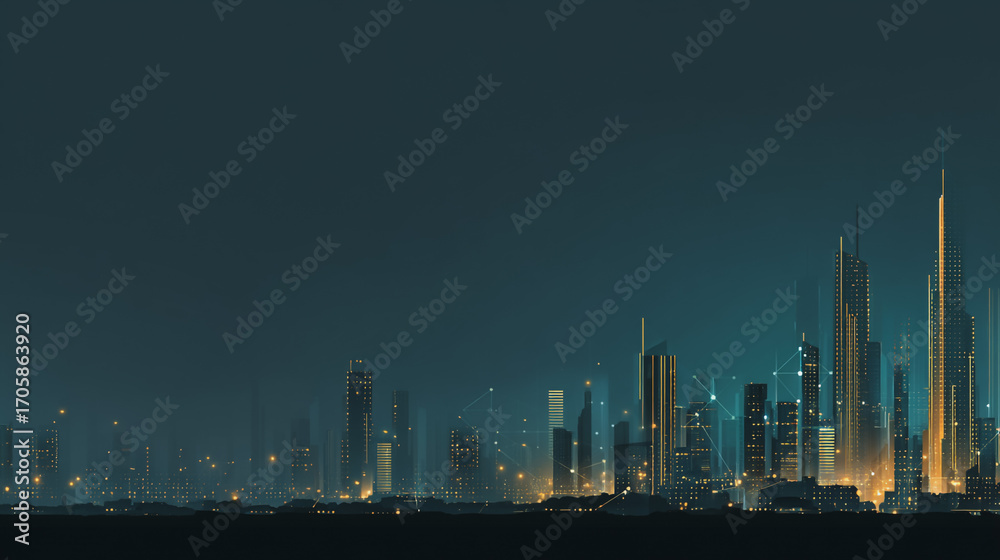 Naklejka premium sTwilight in the Smart digital Innovation city with connection network reciprocity over the cityscape. of future smart wireless digital city and social media networking systems that connects people