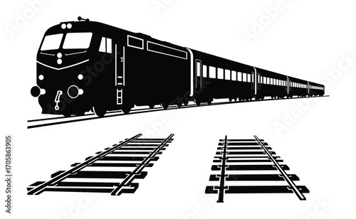 Black Silhouette Train Vector Illustration on Railway Tracks design element.