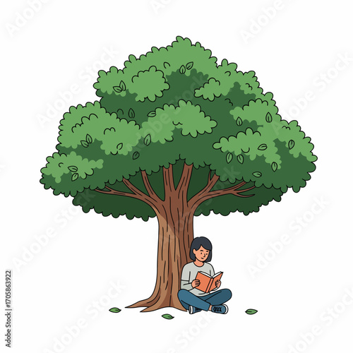 A person is sitting under a tree, reading a book, enjoying the shade and tranquility.