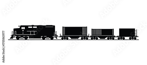 Black Silhouette Train with Cargo Containers Vector Illustration