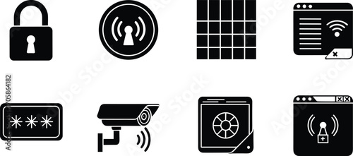 Cybersecurity icons, data protection symbols, secure network, online privacy, password security, surveillance monitoring, encryption, firewall, secure login, digital safety, internet protection