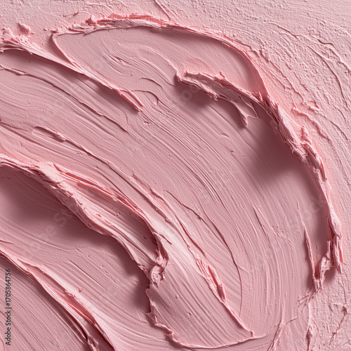 Macro photo of a pink cosmetic clay mask or paint texture. An abstract background of a smeared cream swatch with visible brush or knife strokes.
