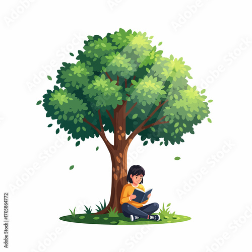 A person is sitting under a tree, reading a book on a sunny day.