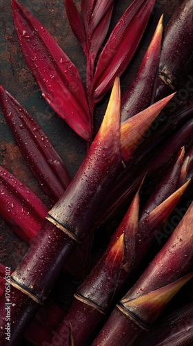Deep red sugarcane stalks and leaves, glistening with moisture, arranged on a rustic dark brown surface