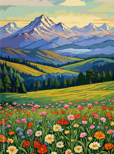 Colorful meadow beneath majestic snowy mountains