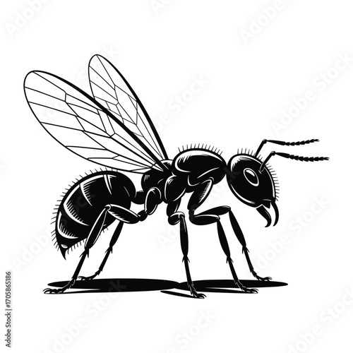 Detailed line drawing of a winged ant in profile on a white background