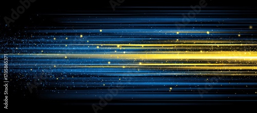 Abstract horizontal light streaks on black, with golden light trails, and blue shimmering effects creating movement and depth