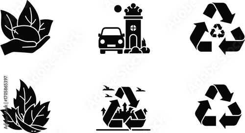 Eco icons, sustainability symbols, recycling signs, green energy, urban ecology, organic farming, nature care, environmental protection, zero waste, eco‑friendly lifestyle