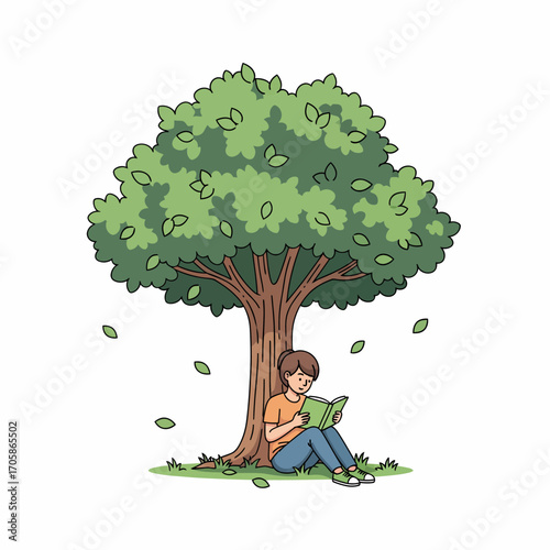 A person sitting under a tree reading a book, surrounded by falling leaves.