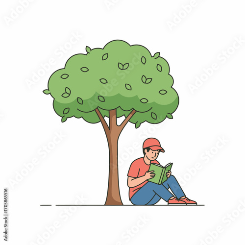 A man sits under a tree, reading a book.