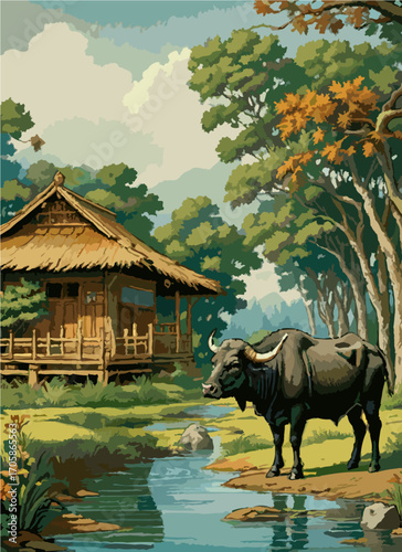 Buffalo standing near wooden riverside hut
