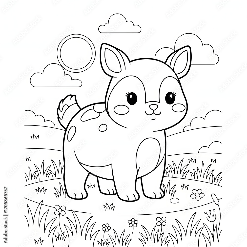 Fototapeta premium A cute baby deer in a sunny meadow. Woodland animal and spring nature scene. An adorable cartoon fawn standing in a field.