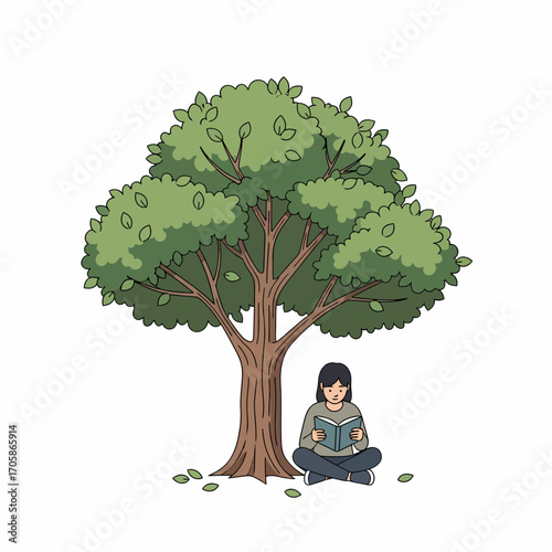 A person sitting under a tree reading a book, a peaceful scene.