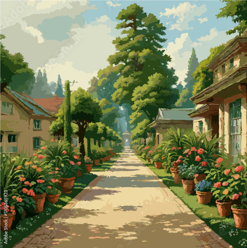 Garden walkway with potted plants