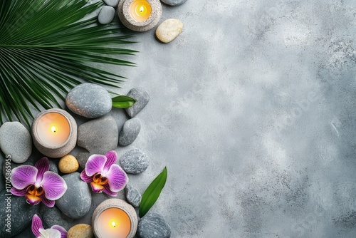 Spa background with gray pebbles candles palm leaves and orchid flowers, perfect for wellness posters, relaxation ads, beauty salon promotions, and meditation retreat flyers