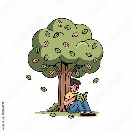 A young person is sitting under a tree, reading a book, enjoying the outdoors.